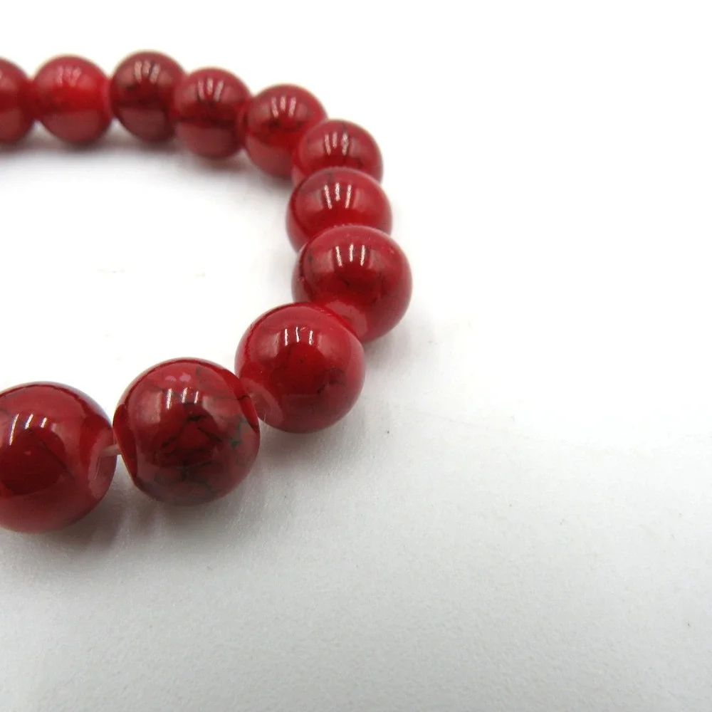 Red Beaded Stretch Bracelet Round Glossy Marbled Beads‎ Fashion Jewelry Unisex